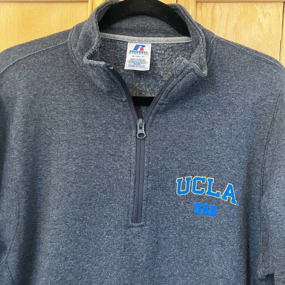 Russell Mens UCLA Dad 1/4 Zip Fleece Pockets Sweater Size Small Gray SP GDD